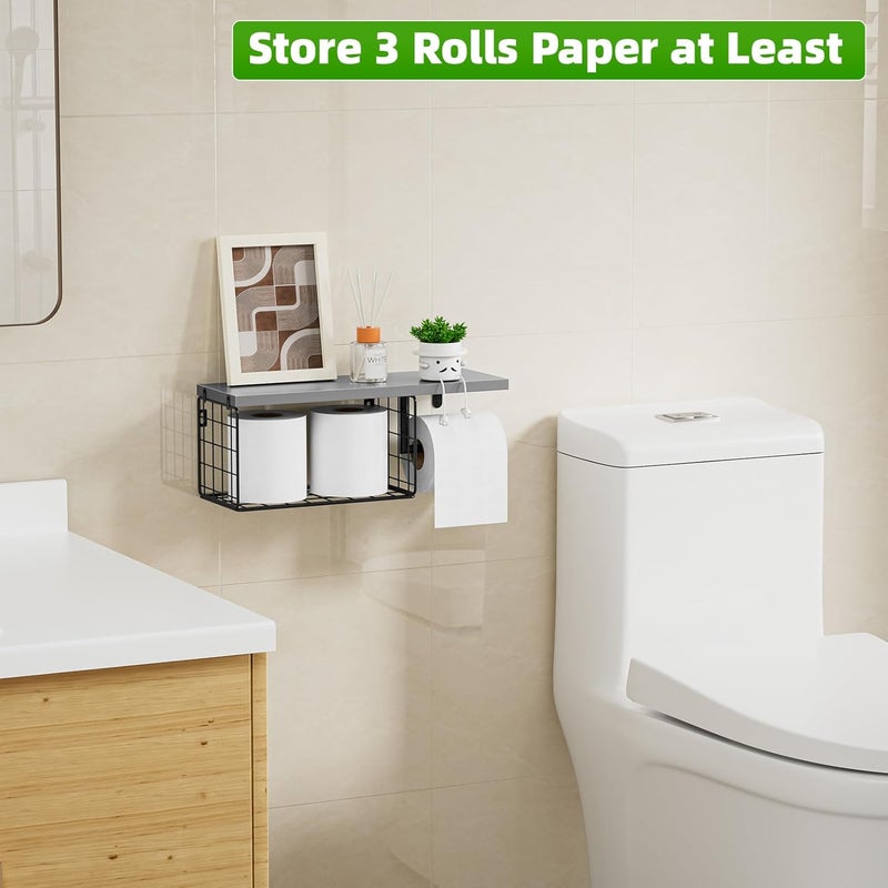 VITVITI Toilet Paper Holder with Shelf, Wall Mounted Toilet Paper Storage Basket, Wood Metal Toilet Roll and Wipes Holder for Bathroom Farmhouse (Gray) - Image 3